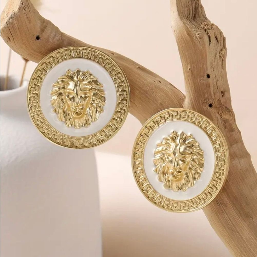 18k Gold Plated White  Gold Lion Round Earrings Designer Inspired